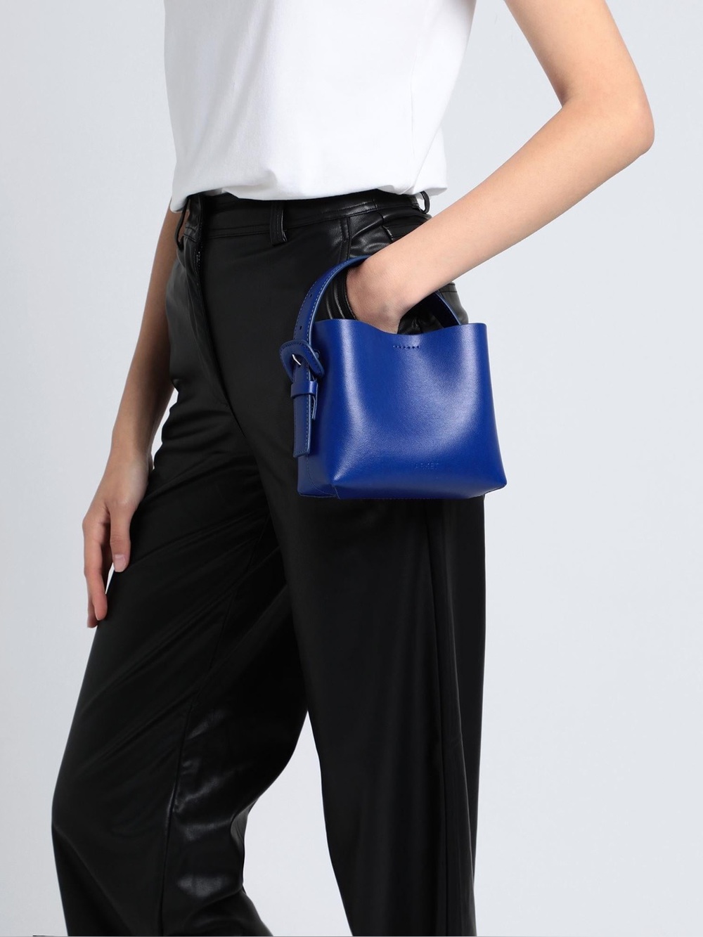 ARKET small leather cross-body tote bag with side buckle detail in blue
